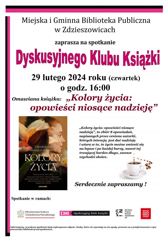 Plakat informujący o nadchodzącym spotkaniu DKK, które odbędzie się dnia 29 lutego o godzinie 16:00 w bibliotece.